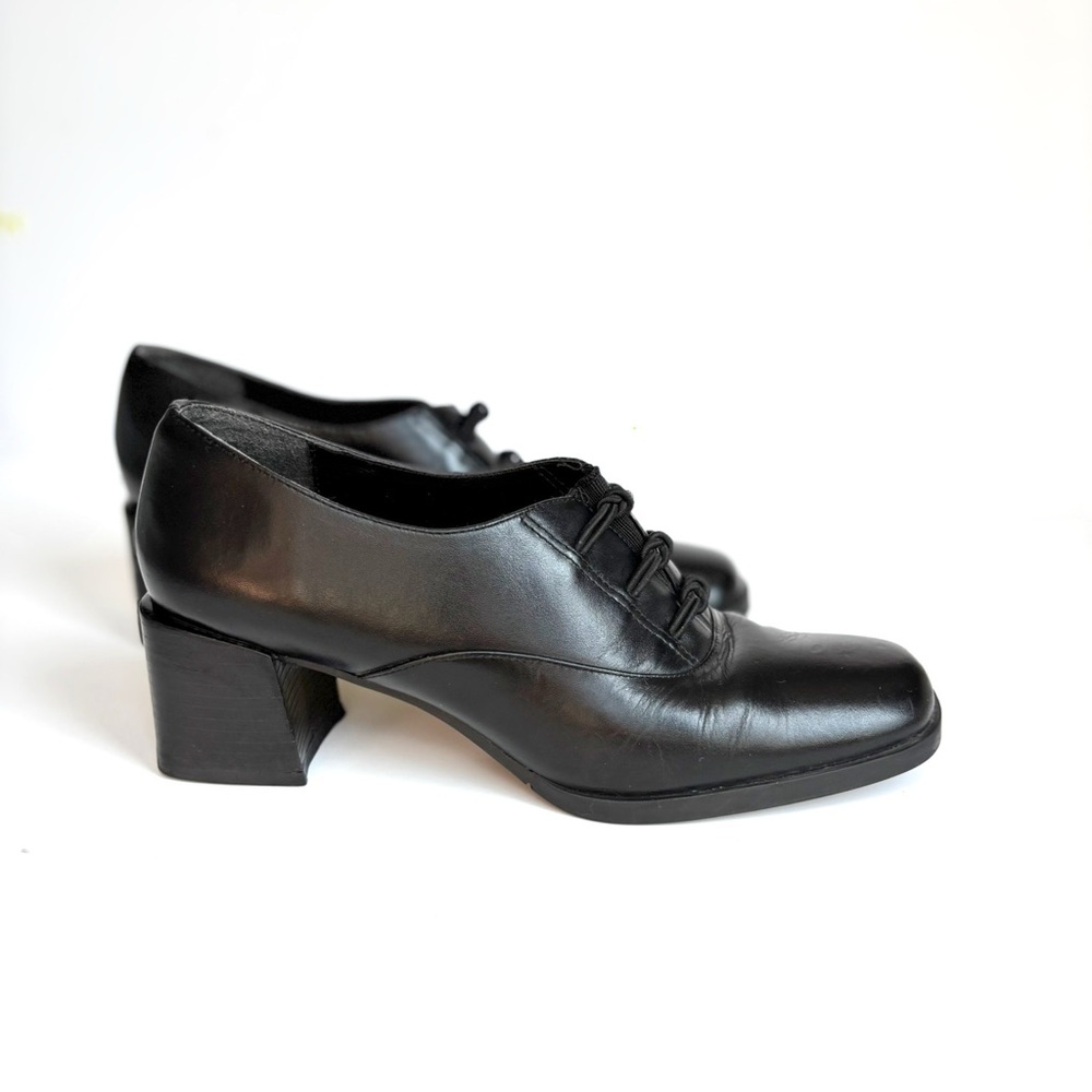 Vintage 90s Brazilian Made Black‎ Leather Chunky Heel Platform Loafer Mary Jane